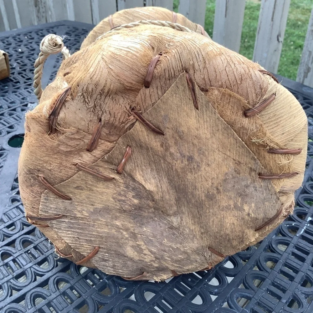 Vintage Leather Woven Coconut Palm Fronds  Boho Planter Basket
